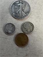 1942 silver half dollar, 1901 silver dime, 1952