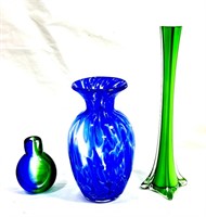 GORGEOUS LOT OF 3 BLUE/GREEN ART GLASS VASES