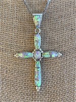 Sterling Silver and Inlaid Opal Cross Necklace