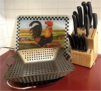 Kitchen Knives in Knifeblock, Glass Rooster