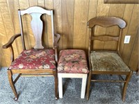 (2) Vintage Wood Chairs and Stool
