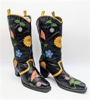 Colorful Flower Black Ladies Cowboy Boots