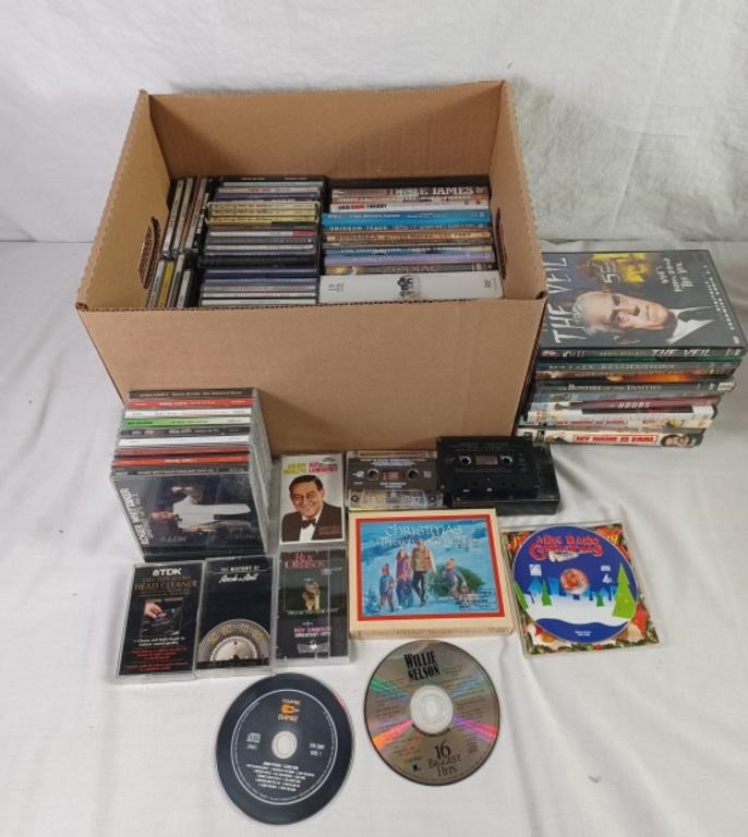 Assortment of DVDs, cds, & Cassette tapes