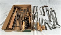 Pipe wrench, wrenches, hammer, files, c clamp,