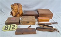 Vintage skates, vintage wood plane, cigar boxes,