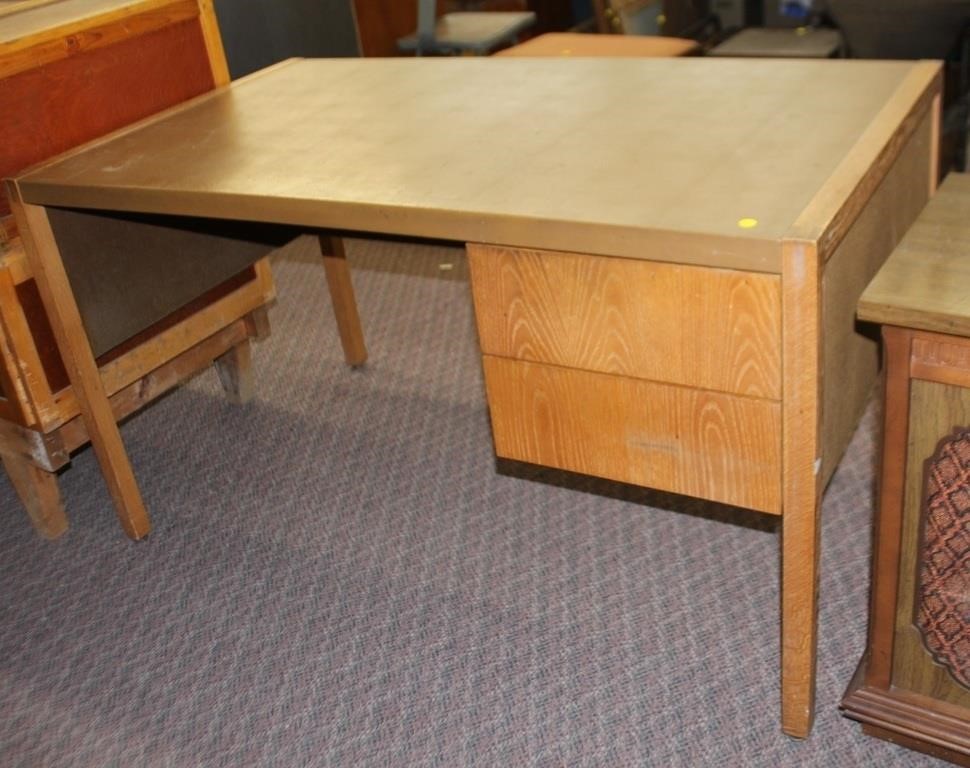 Oak two drawer desk with leather top, nicks &