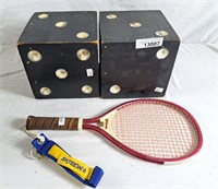 Pair of large wooden dice and racket