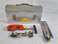 Metal tool box with pipe cutters, file, and more!