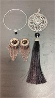 Heidi Klum clip on earrings, silver/black tassel