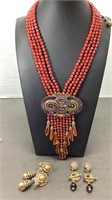Heidi Daus Art Deco necklace with red beads and 2