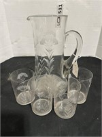CLEAR GLASS PITCHER AND 4 CUPS