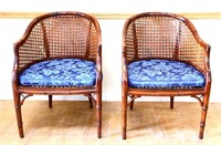 2 vintage caneback chairs w/ blue cushions see pic