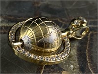 Vintage 10K CZ Gold Bezel Spinning 3D Globe Charm