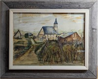 Vintage Framed Original Watercolor Church & Villag
