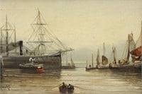 Antique Harbor Scene Painting