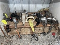(11) POWER TOOLS, DRILLS, HEDGE TRIMMERS, GRINDER