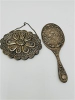 two Antique silver hand mirror ottoman