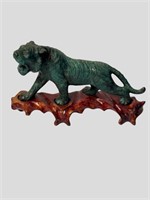 VINTAGE Bronze CROUCHING TIGER STATUE on wood base