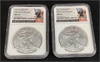 (2) 2017 SILVER AMERICAN EAGLES, MS70 1st DAY OF