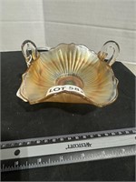 CARNIVAL GLASS BOWL WITH TWO HANDLES