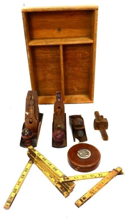 Lot of vintage hand tools in wood box