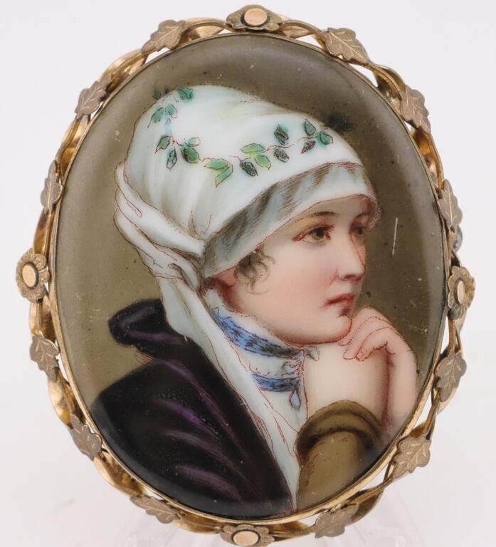 Miniature Portrait Brooch of Woman in Thought
