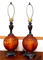 Pair vintage amber glass base lamps, no shades