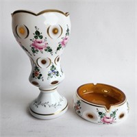 Cased White on Amber Glass Vase & Ashtray -chip