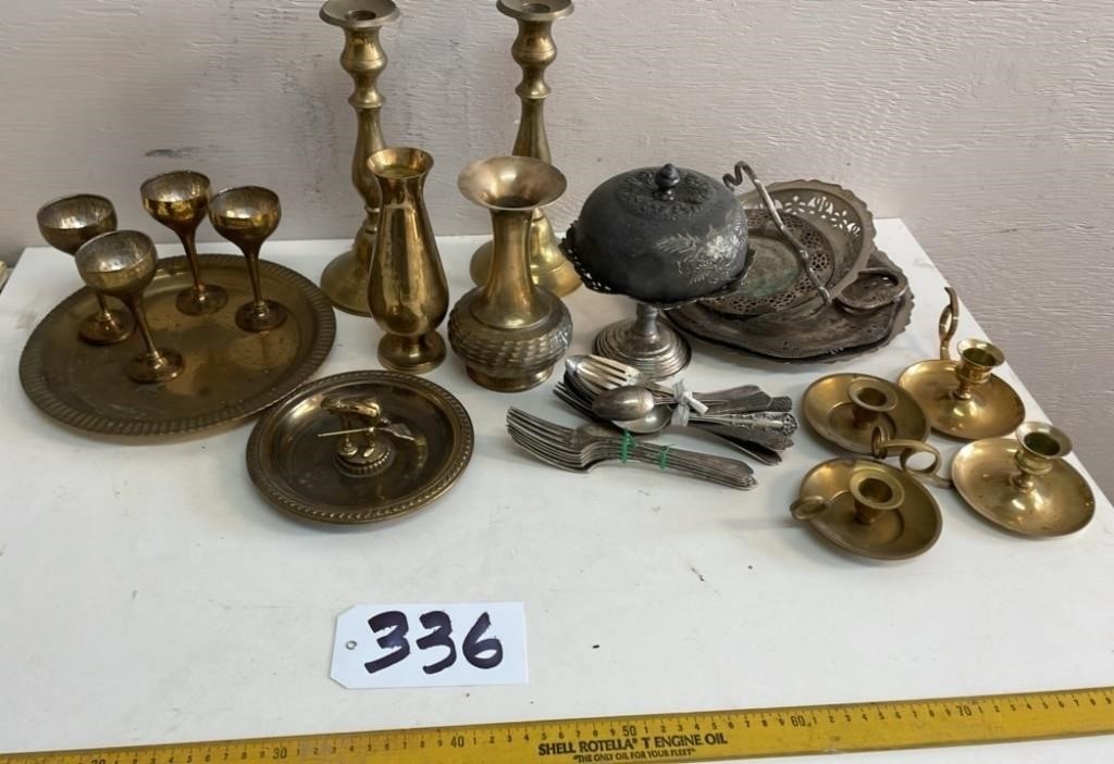 Collection of brass and silver pieces. NO