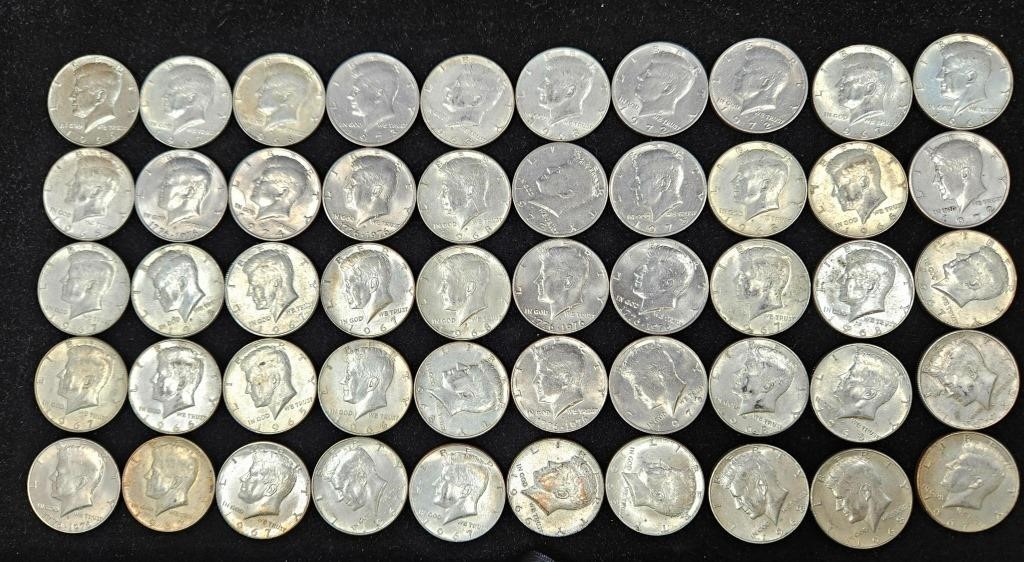 50 Kennedy Half Dollar Coins 1965-76