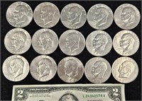 15 Eisenhower Dollar Coins 6-1972 & 5-1977 +