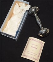 Pewter Baby Rattle in Original Box & Information