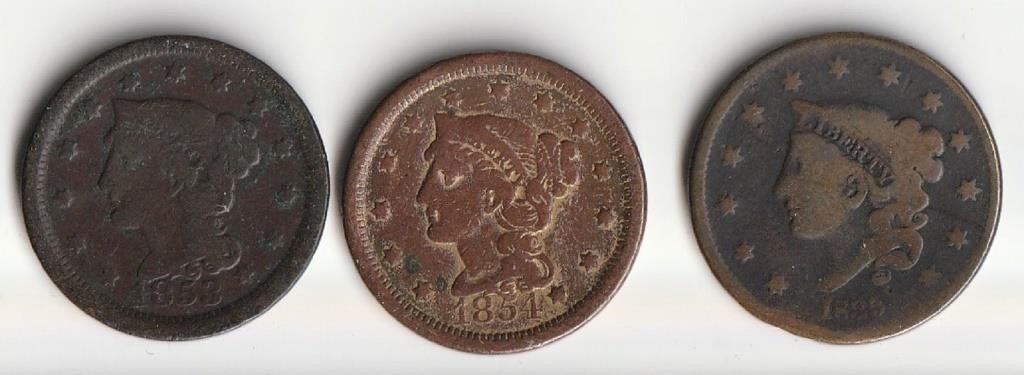 3 Early Large Cents- 1835, 1853, 1854