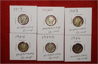 (6) Mercury Silver Dimes  1917 to 1926 Mix