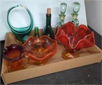 COLORED GLASS, DECANTERS, CANDY DISHES, VASES