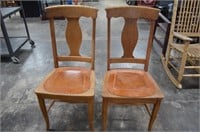 2-Vintage Wood Chairs With Tooled Leather Seats