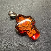 Sterling Silver Reverse Cameo Amber Cross Pendant