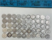 (50) Roosevelt Silver Dimes 1940s-50s