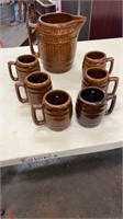 Stoneware Pitcher & 6 Mugs