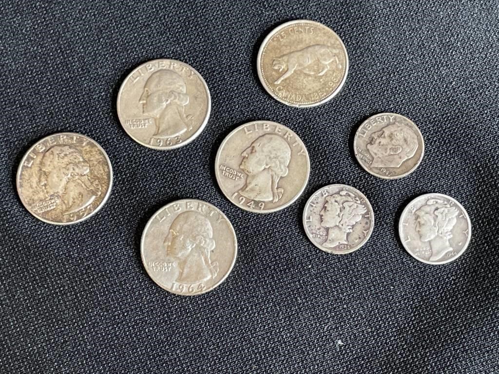 U.S. DIMES, QUARTERS, 1 CANADIAN QUARTER