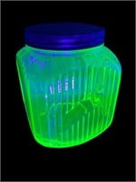 Uranium Glass Large cookie jar ribbed  canister