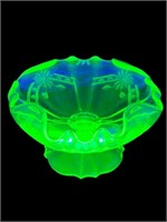 Uranium Glass etched Compote ruffled rolled edge