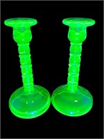 Uranium Vaseline Glass Cambridge candle holders
