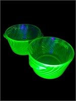 Uranium Glass Swirl ribbed handled bowls