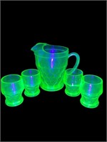 Uranium Glass honeycomb pitcher matching glasses