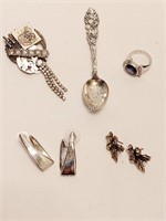 STERLING SPOON EARRINGS+ RING + COLLAGE PIN