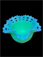 Uranium Glass Fenton custard basketweave bowl