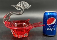 Red & Clear Glass Bird Candy Dish