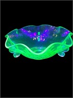 Uranium Glass Raised koi / dolphins ruffled bowl
