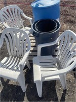 3 plastic lawn chairs, garbage can, plastic